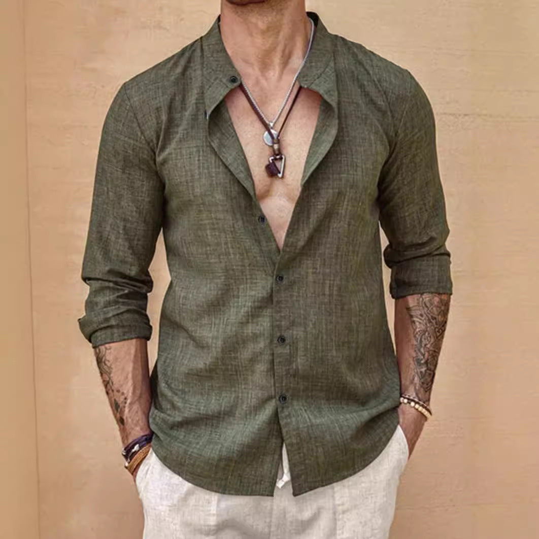 Stand Collar Long Sleeve Men’s Cardigan Shirt Men’s Top - Army Green / M