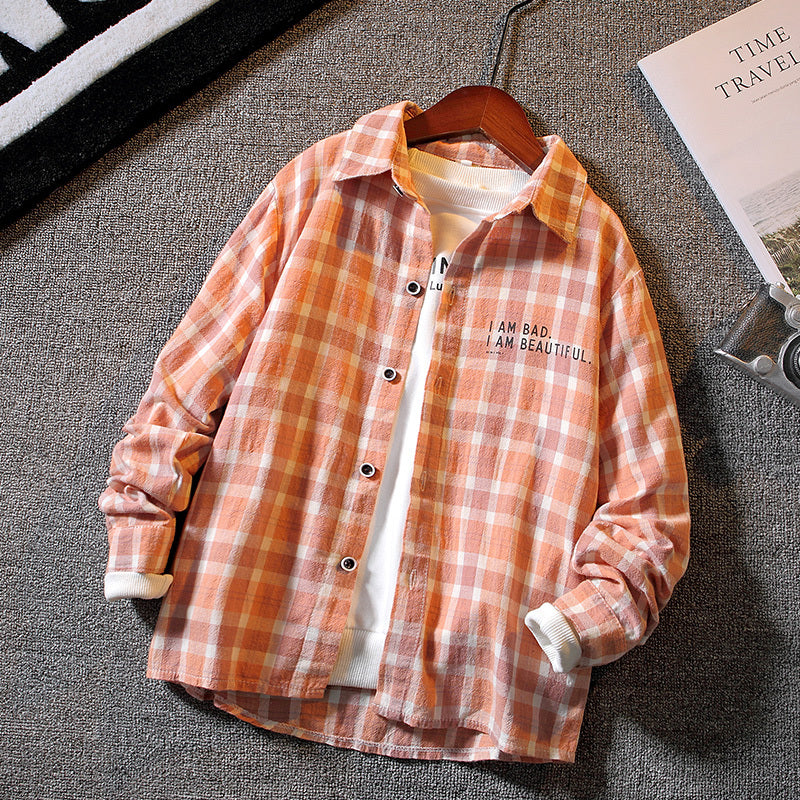 Boys’ Long-sleeved Plaid Shirt Casual Trendy And Handsome - Pink / 110