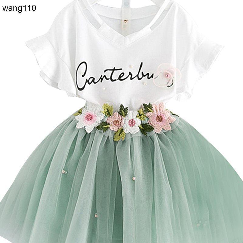Summer Kids Girls Clothing Sets 2 pcs T-shirt Hole Pants Set - Green / 100cm