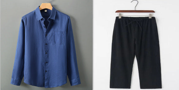 Summer New Casual Linen Shirt Men’s Loose Standing Collar - Blue set / M