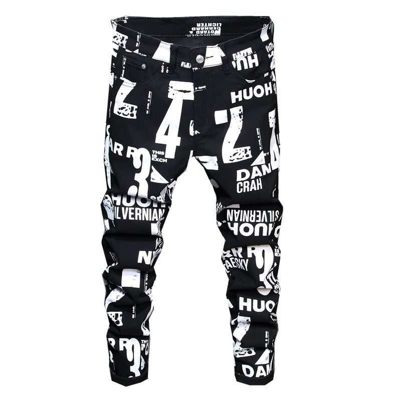 Printed Trousers Men’s Slim-Fit Flower Trousers Stretch Pants - Black / 34