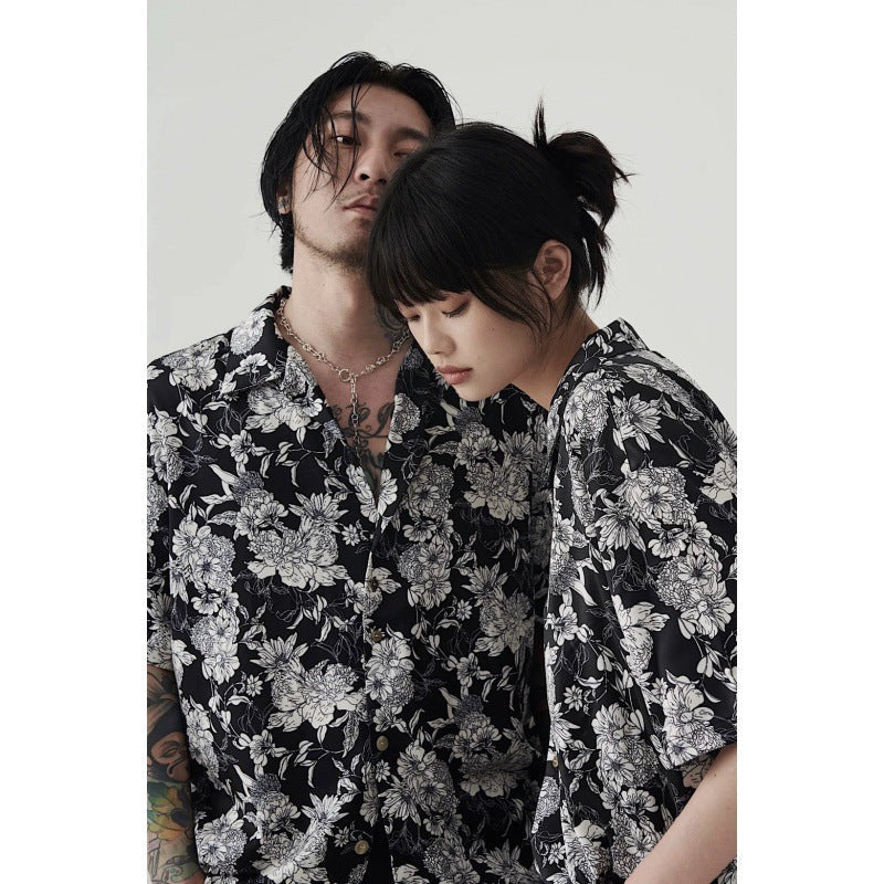 Hawaiian Black And White Camellia Summer New Short Sleeve Shirt - Black white / M