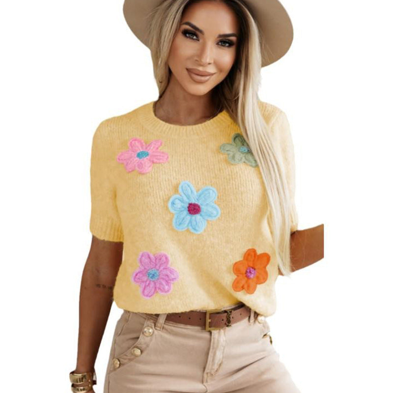 Three-dimensional Flower Decoration Half-sleeve Top European And American Commuters’ Knitted - Yellow / S