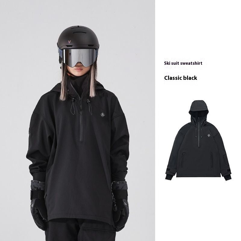 Ski Suit Soft Shell Sweater Women’s Men’s Pullover Top Veneer Double Board Waterproof Coat - Black / XS