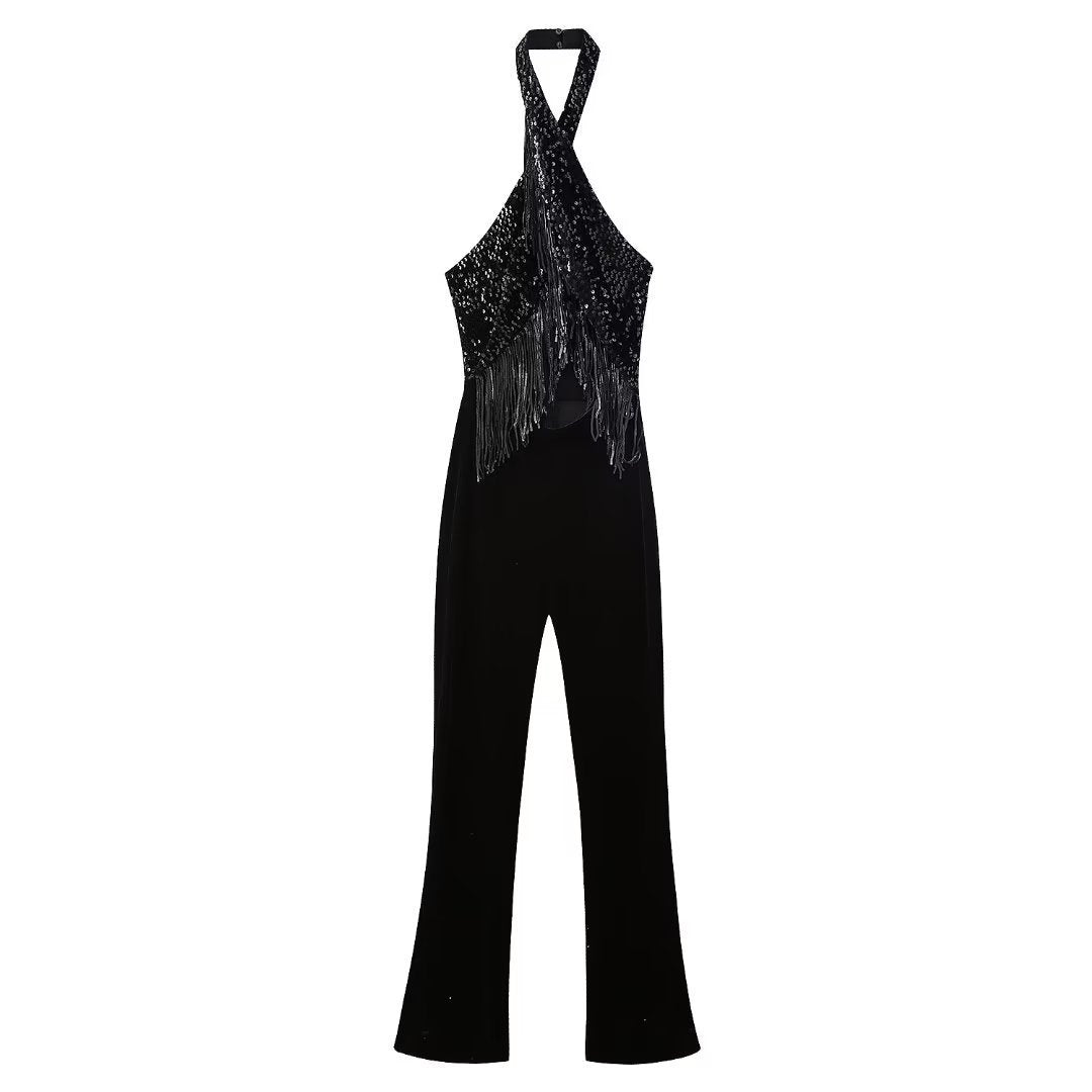 New Halter Backless Tassel Beads Decoration Jumpsuit - XS / Picture Color
