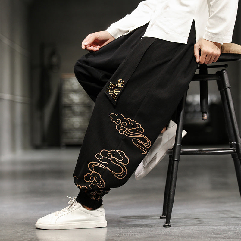 New Chinese Style Men’s Trousers Printed Loose Wide-leg Trousers Plus Size - Black / M