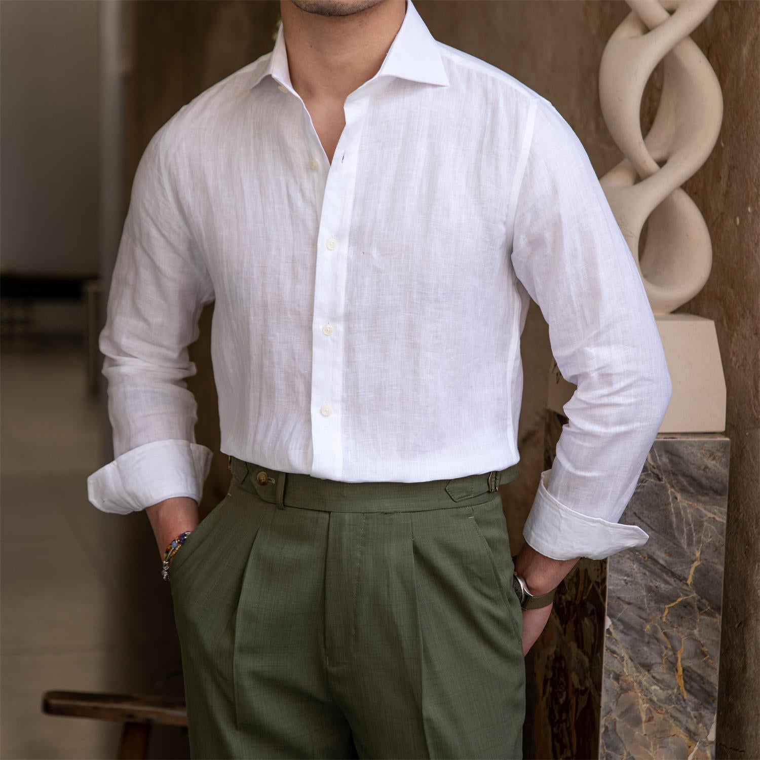 Thin Fashion Long Sleeve Collar Shirt Breathable Linen - White / M