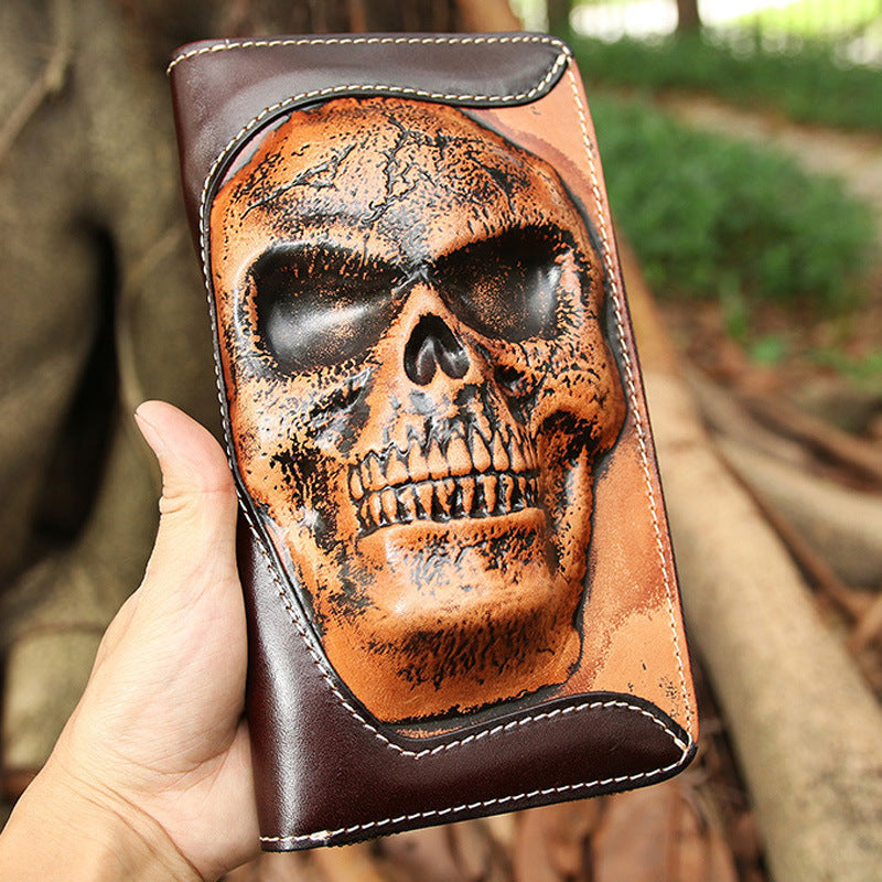 Cowhide Skull Ghost Head Men’s Zipper Wallet - Brown