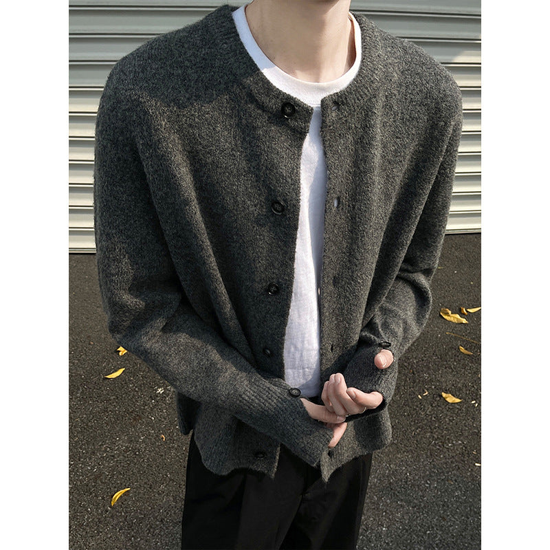 Creamy-white Breasted Knitted Cardigan For Men - Gray / M