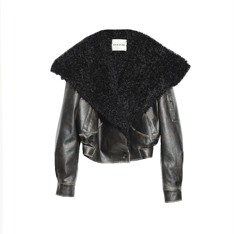 Cool Handsome Relaxed Sense Gender-free Package Big Fur Collar Colored Leather Jacket Jacket - Dark Brown / S