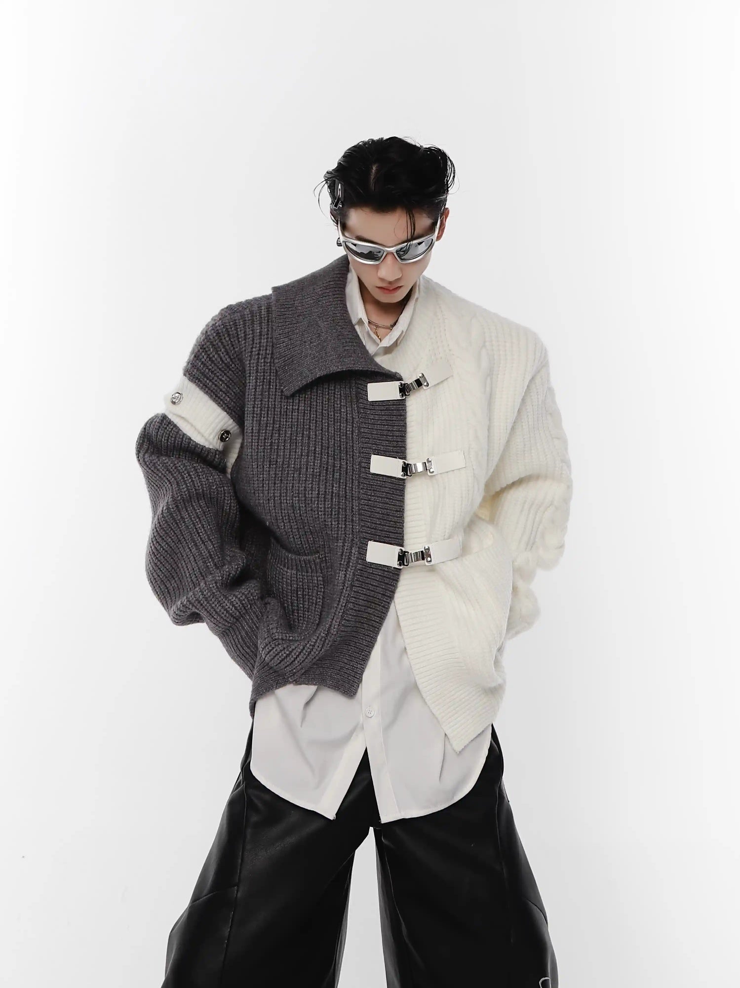 Deconstructing Sweater Loose Black And White Stitching Design Cardigan Metal Button Knitted Coat - Gray / L
