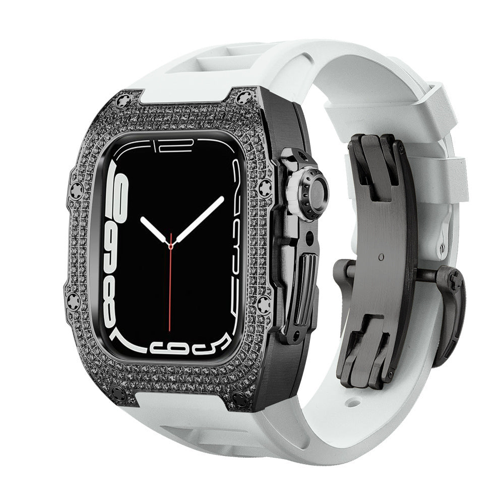 Diamond Encrusted Black Shell Silver Rose Gold Strap Collection - Blackwhite strap / 44mm