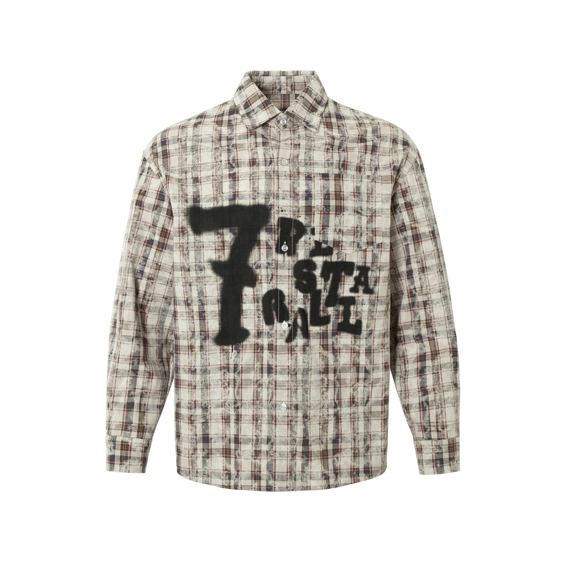 Retro Tie-dyed Distressed Plaid Long-sleeved Shirt Loose - Red Coffee Color / M