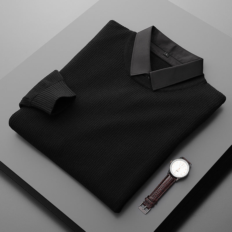 Fake Two-Piece Shirt Collar Knitted Sweater For Men - Black / 4XL / No velvet