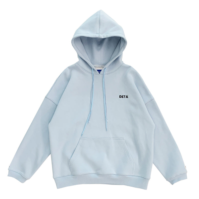 Embroidered Logo And Velvet Hooded Loose Pullover Sweater - Blue / S