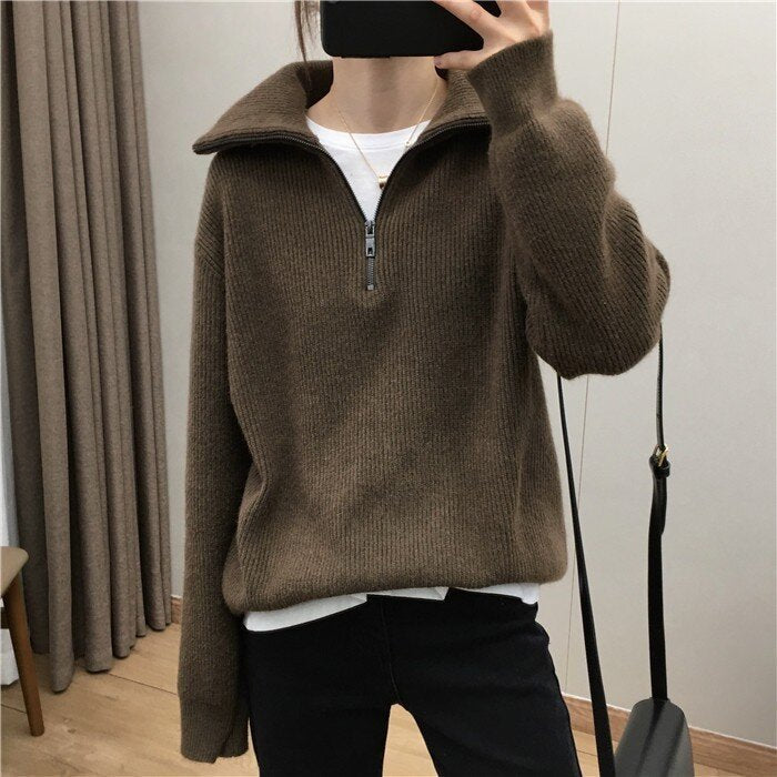 Elegant Large Lapel Zipper Pullover Sweater For Women - Coffee / M