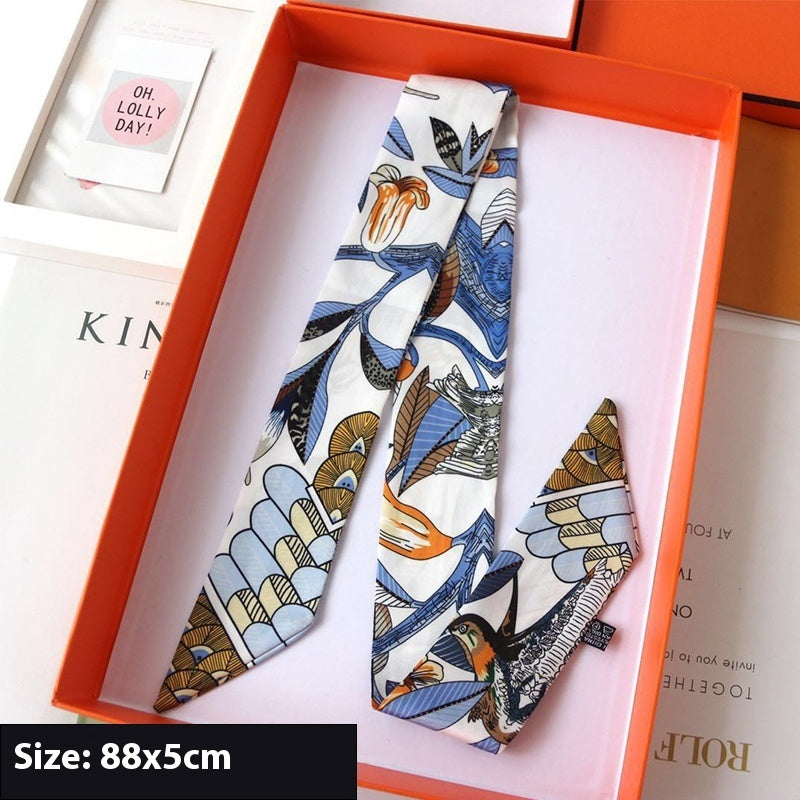Ribbon Thin Narrow Bag Handle Scarves Decoration - Blue And White Tree Branches