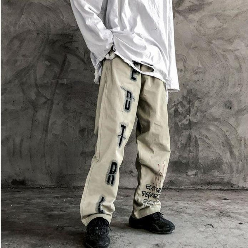 Printed Straight Leg Loose Casual Long Pants - Khaki / L