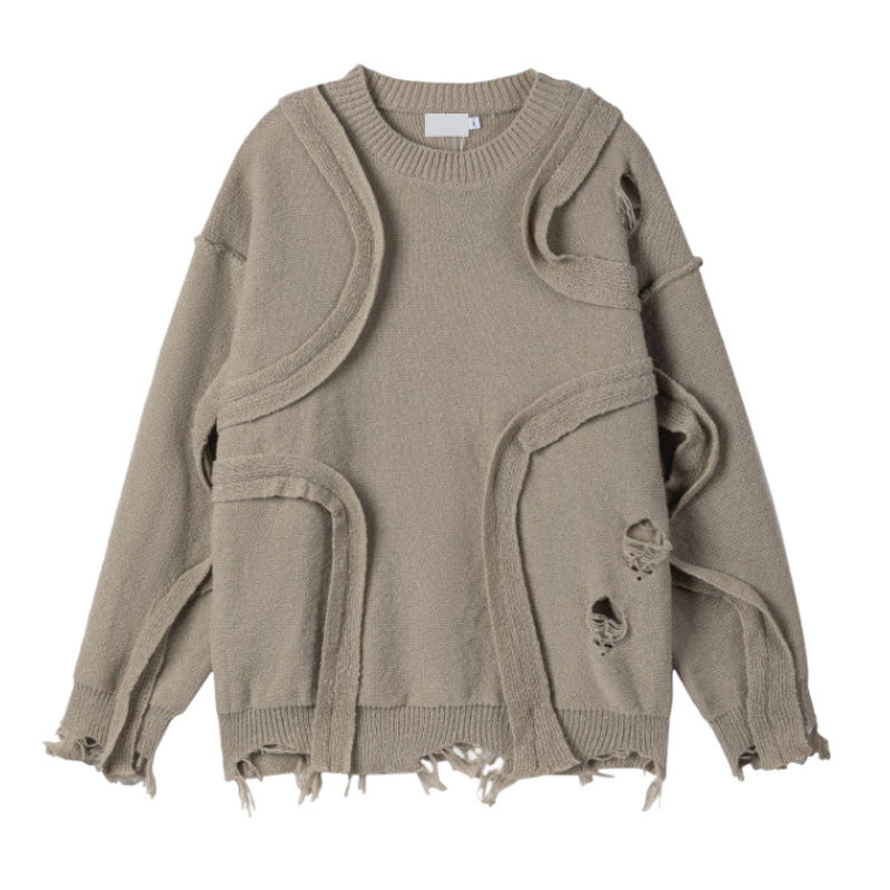 Winter New Retro Loose Fringe Design Round Neck Knitted - Brown / S