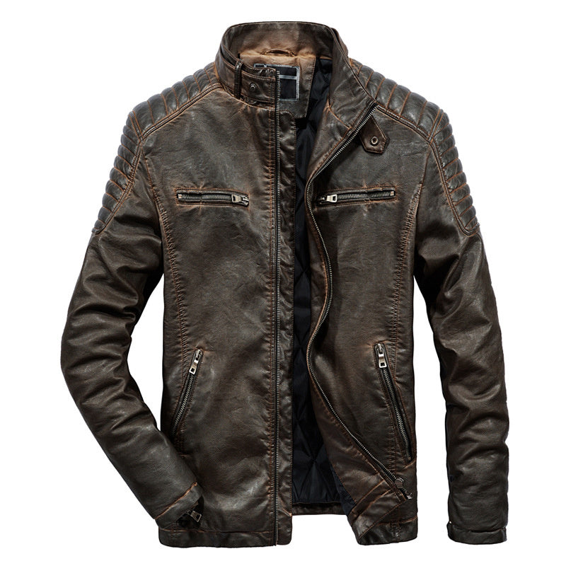 Fashion Thick Solid Color Retro Men’s Leather Jacket - Brown / S