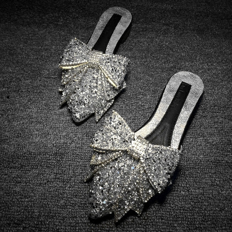 Fashion Women’s Rhinestone Pointed Bow Half Slippers - Silver / 34