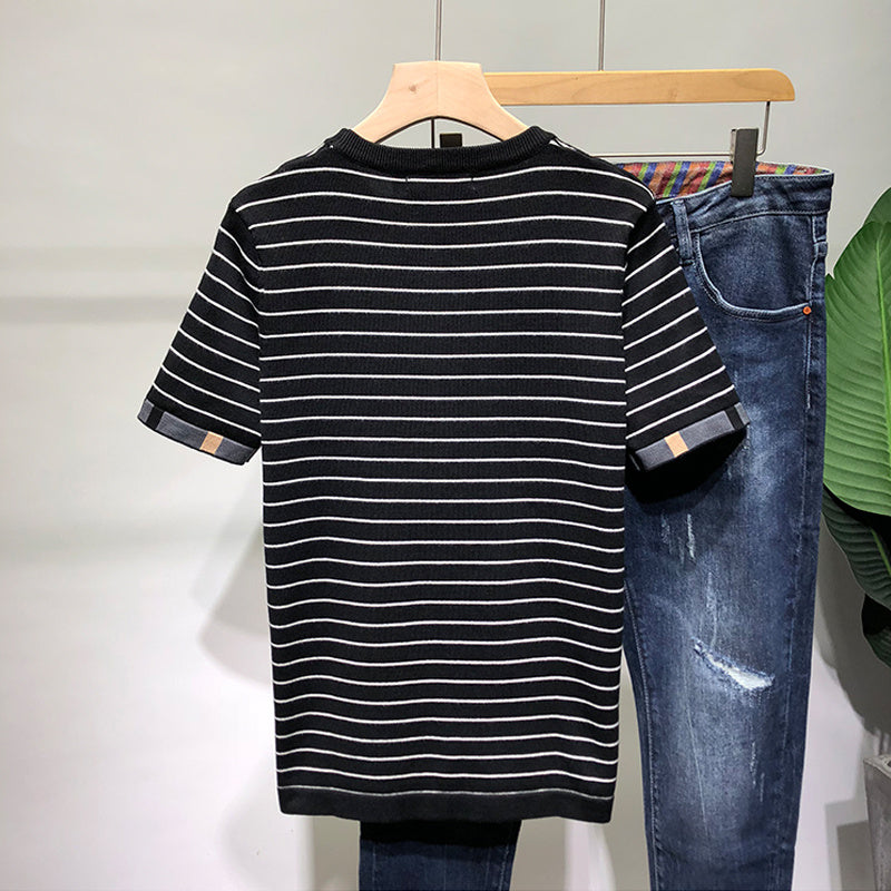 Half Sleeve Knitted Bottoming Shirt Striped Slim Fit Sweater Trend - Black / M