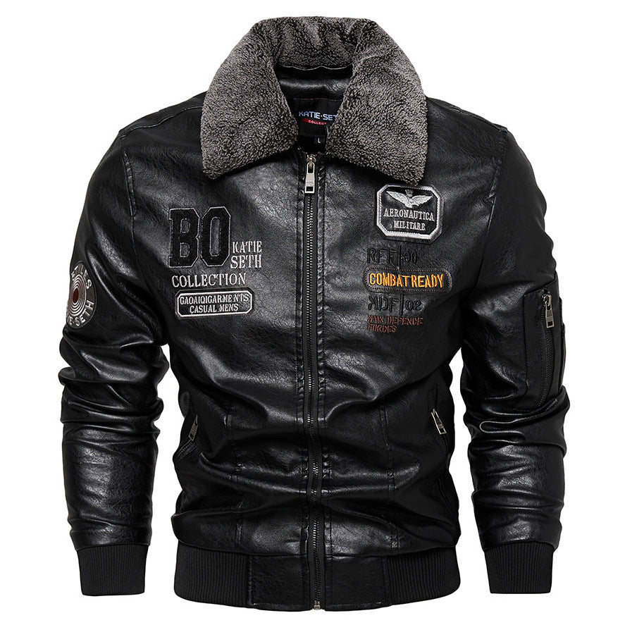 Foreign Trade New Men’s Casual Fashion Leather Slim Fit Leather Jacket Coat - Black / L