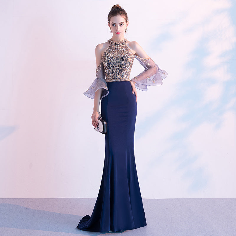 Heavy Industry High Quality Textured Luxury Evening Dress For Women - Navy Blue / S