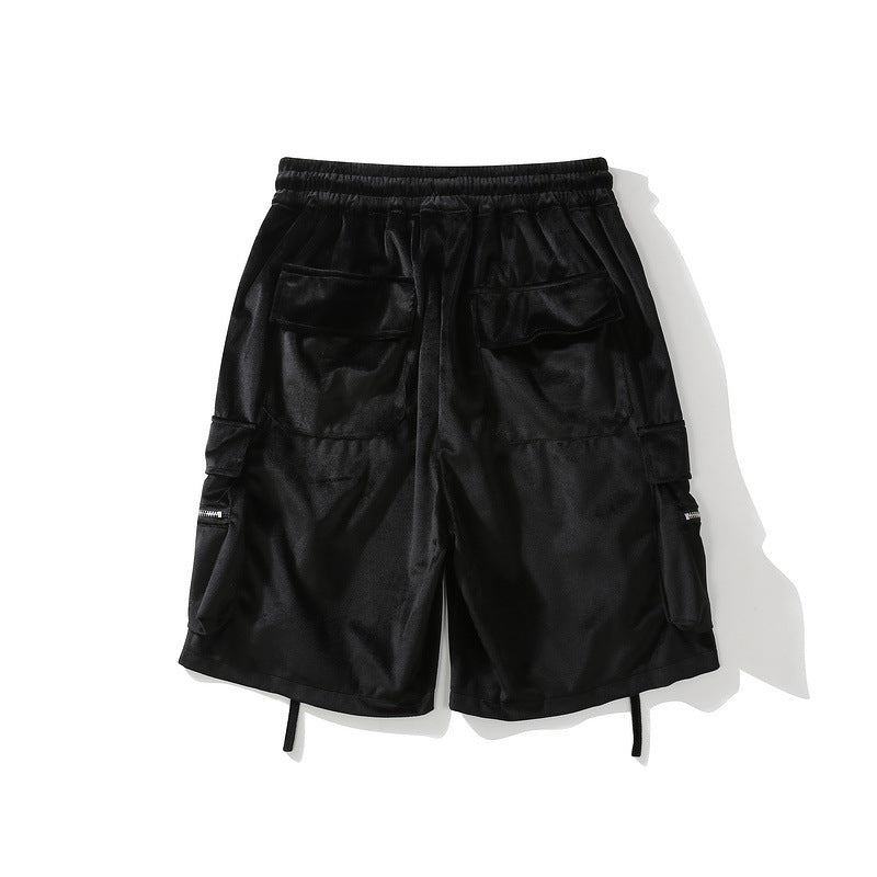 High Street Pants Loose BF Velvet Workwear Large Pocket Casual Shorts - Black / M