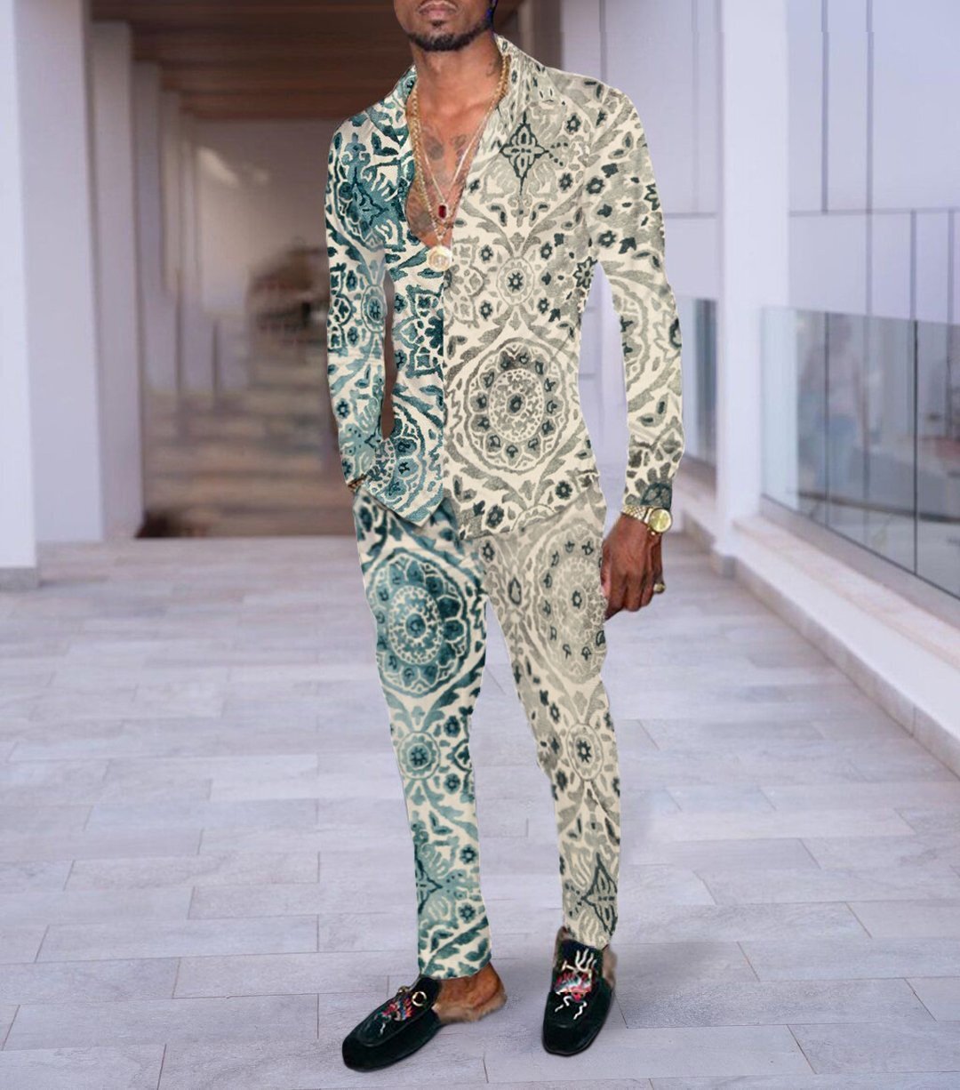 Hip Hop Hong Kong Style Fashion 3D Printing Casual Long Sleeve Shirt Suit - Photo Color / M