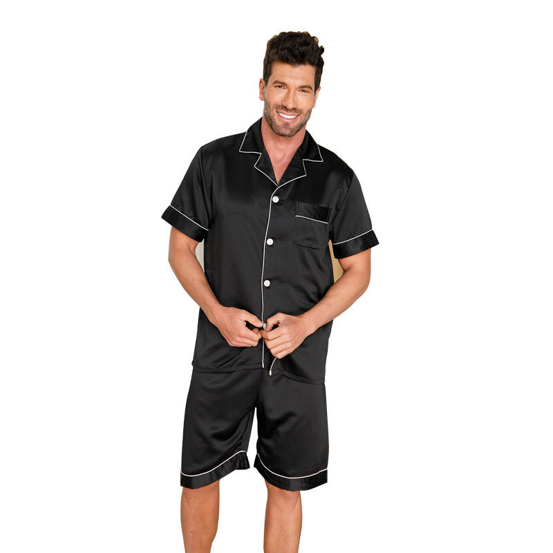 Ice Silk Pajamas Men Solid Color Polo Collar Suit - Black / S