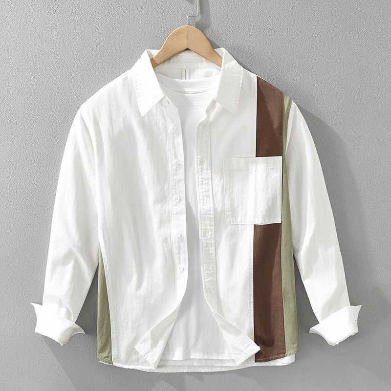 Men’s Stitching Long-sleeved Shirt Fashion Cotton Casual All-match Artistic Loose Top - White / M