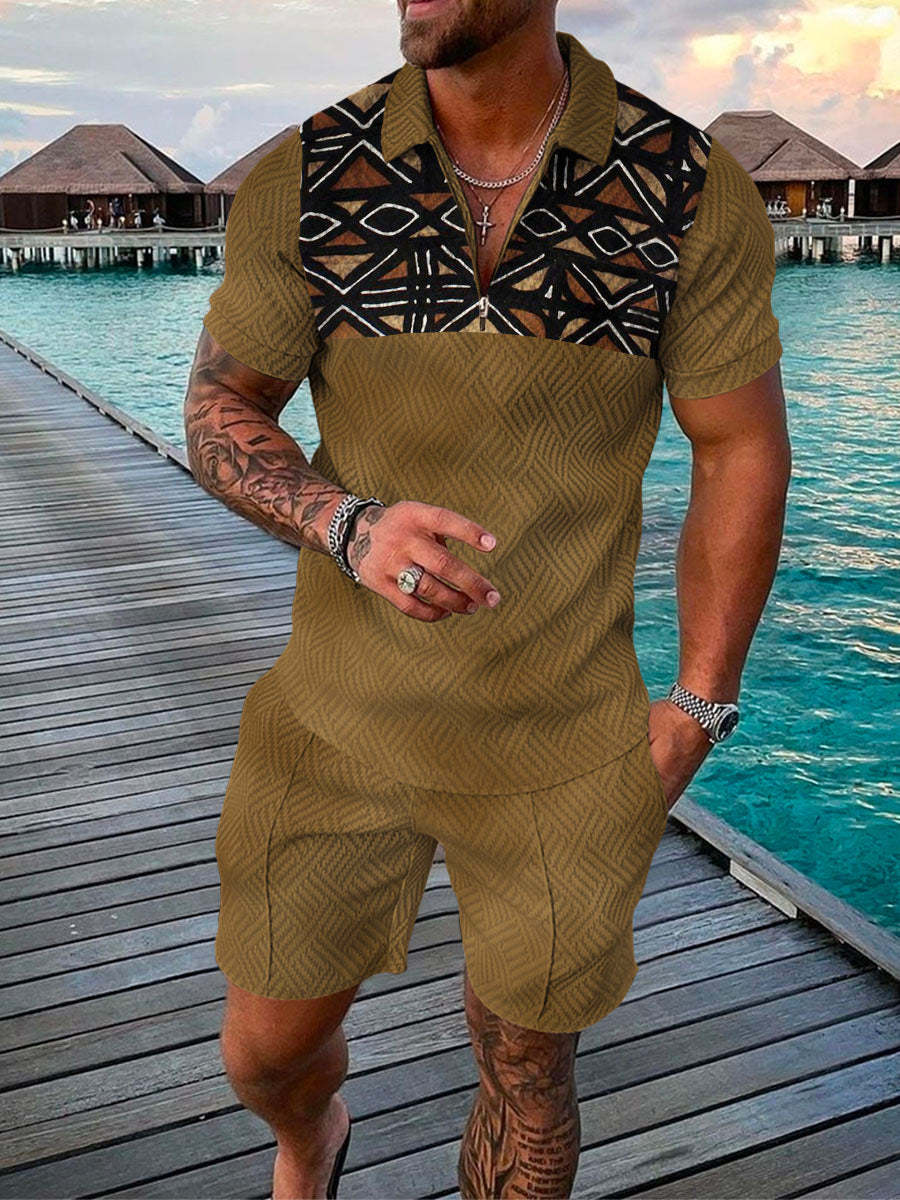 Men’s Summer Fashion 3D Printed Short Sleeve Geometric Zip Lapel Shirt Set - Khaki / S
