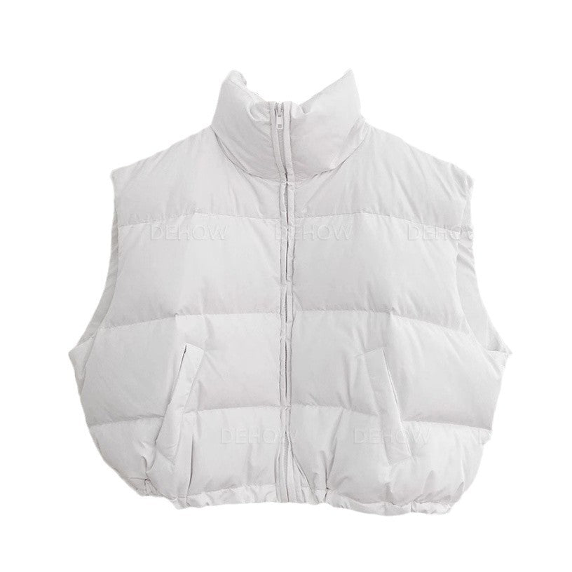 Women’s Solid Color Korean Style Short Stand-up Collar Cotton-padded Coat Vest - White / Free Size