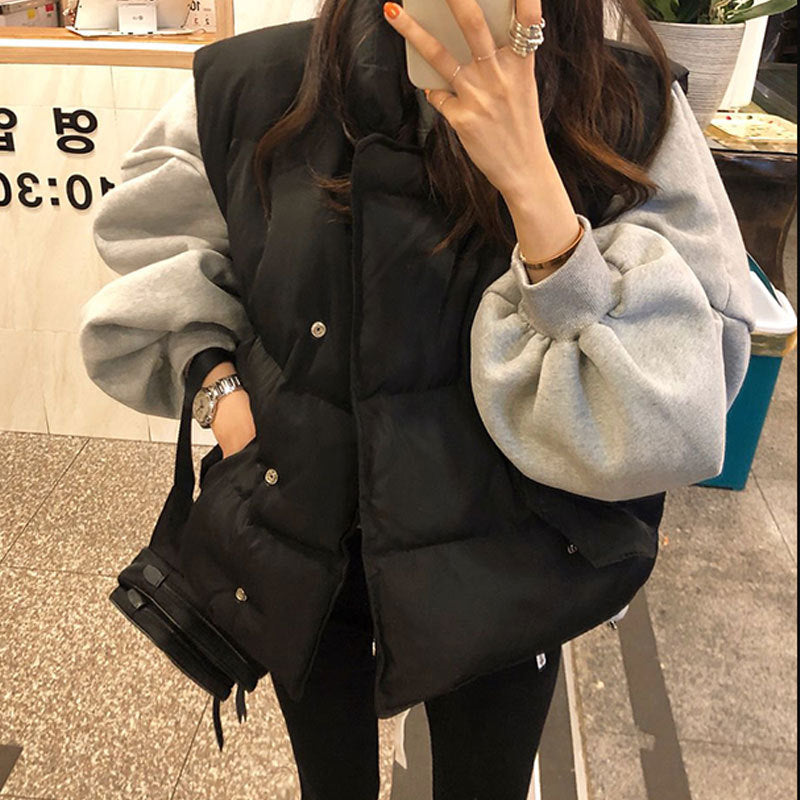 Women’s Korean Style Lazy Style All-match Down Cotton Bread Coat Vest - Black / Free Size