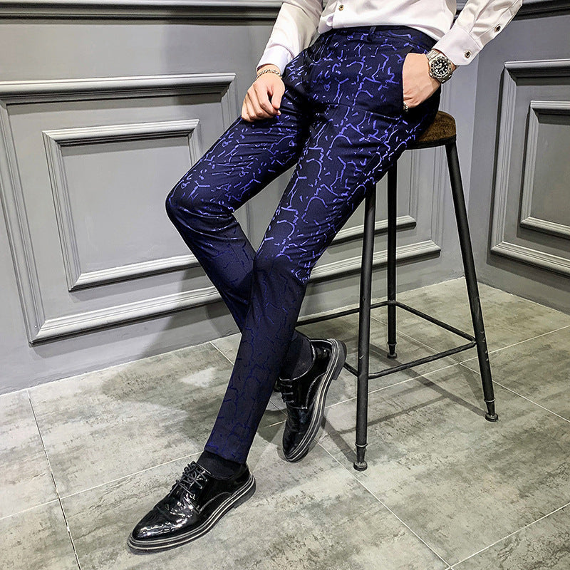 Men’s Trousers Korean Style Slim Fashion Jacquard Thinning Hair Stylist Feet Pants - Blue / 28