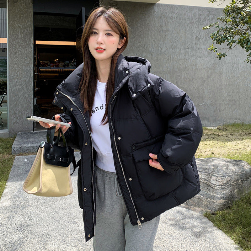 Women’s White Duck Down Korean Style Slimming Hooded Thick Down Jacket - Black / Average Size