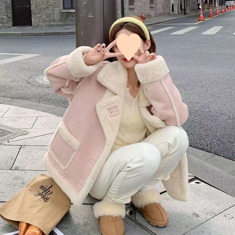 Women’s Korean Suede Motorcycle Clothing Berber Fleece Coat - Pink Autumn / S