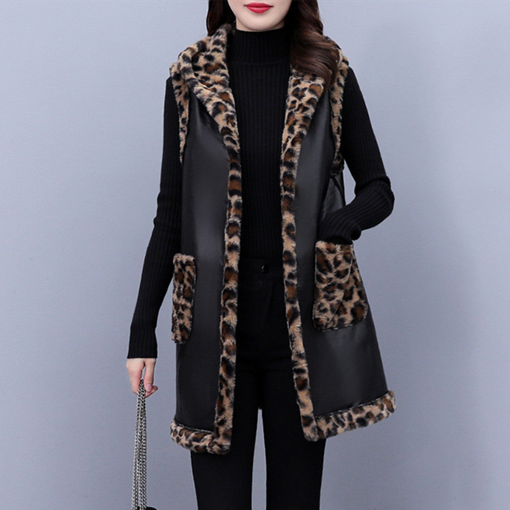 Plus Size Women’s Leopard Rabbit Plush Vest Coat - Black / L