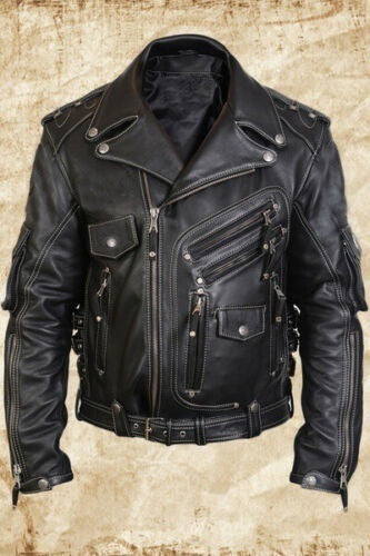 LJ06- Men’s cycling leather jacket - Black / XS