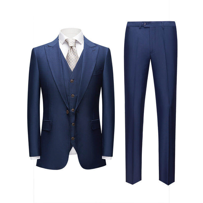 Men’s British Korean Slim Fit Dark Blue Casual Three-piece Suit - Dark Blue / S