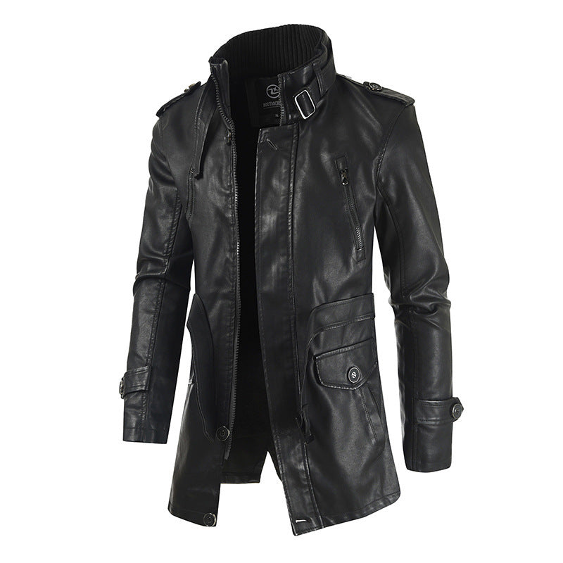 Men’s Mid-length Leather Coat Stand Collar Fleece-lined Thickened - Black / L