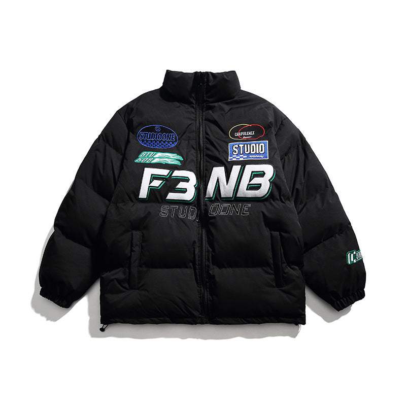 Men’s Solid Color Racing Elements Embroidered Letter Stand Collar Jacket - Black / M
