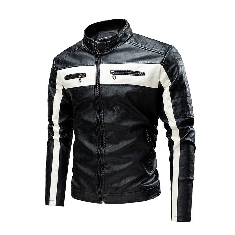 Men’s Stand Collar Retro Warm Leather Jacket - 2286 Black / 5XL