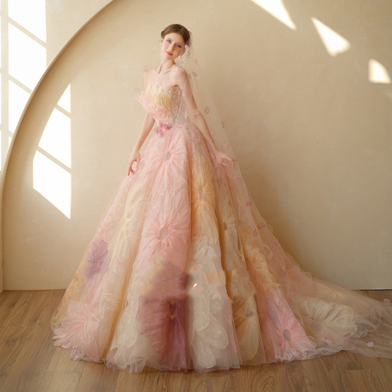 Wedding Dress Skirt Train Bride Performance Art - Pink / S