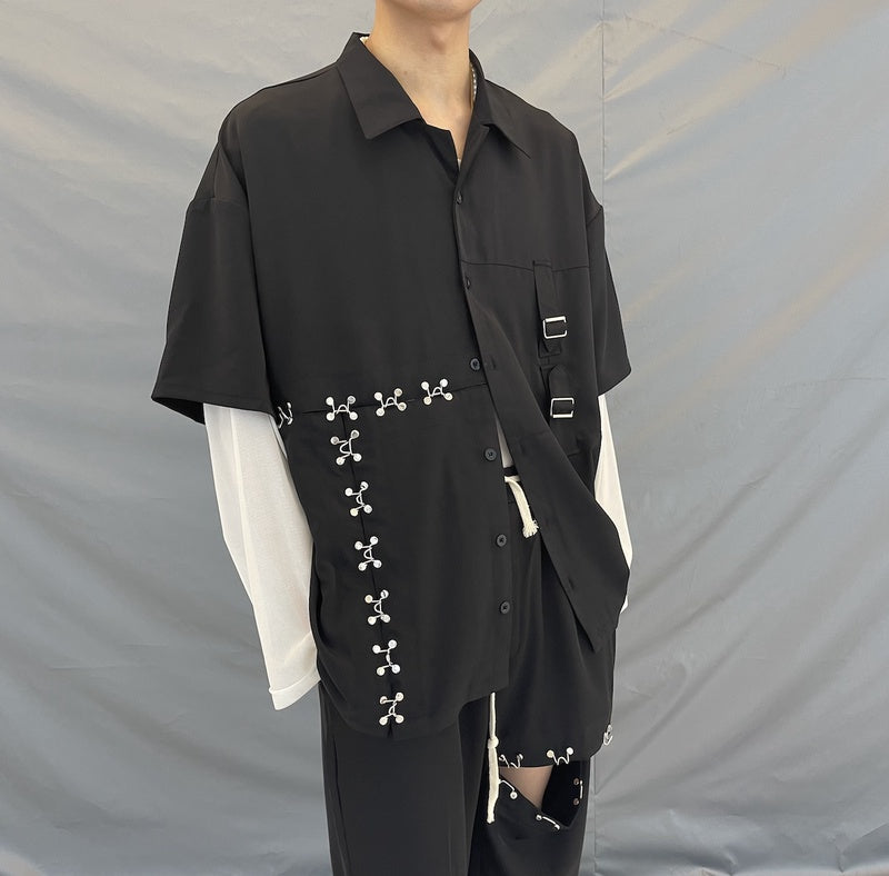 Handsome Shirt Short-Sleeved Half-Sleeved Popular Jacket Loose Casual Shirt Trend Metal Button Black Short-Sleeved