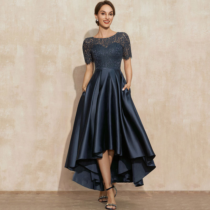 Navy Blue Satin Ball Lace Short Sleeve Dress - Navy Blue / USsize2
