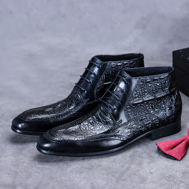 Black crocodile-patterned leather boots, luxury fashion for all, high-end fashion online