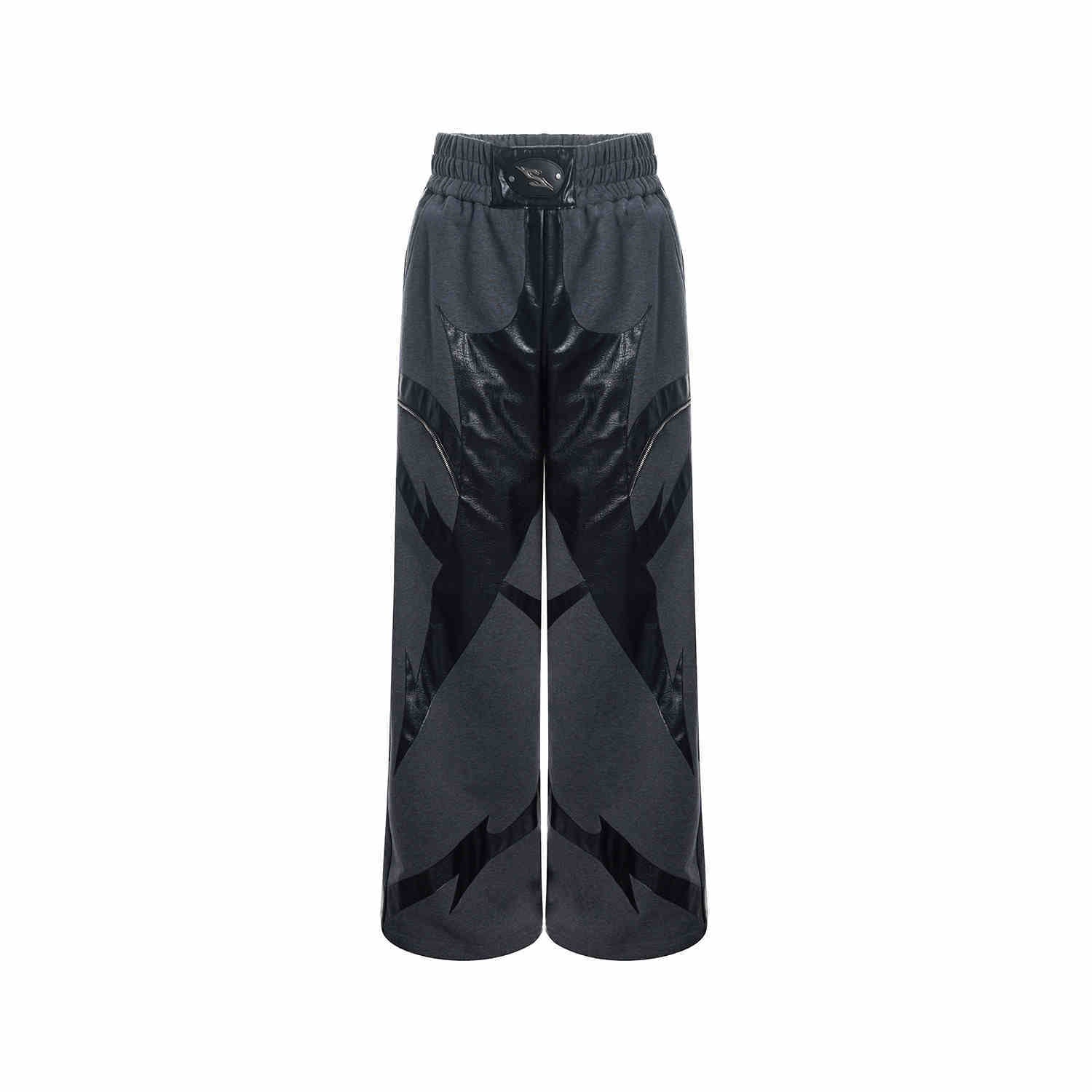 High-grade Heavy Leather Patchwork Casual Pants Men’s Waist LOGO Loose Straight Sweatpants - Dark Gray Pants / S