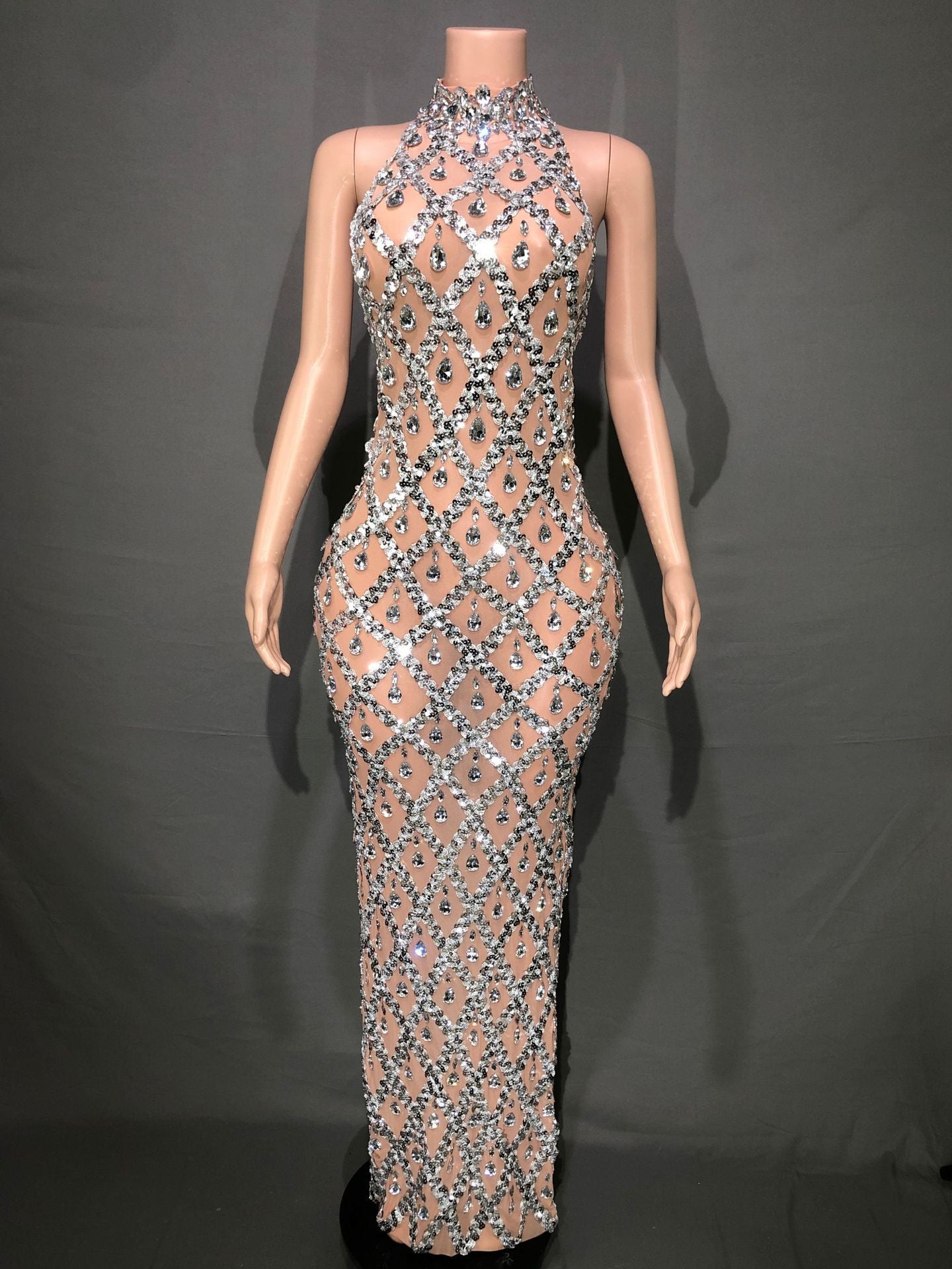 Plus Size Women’s Evening Party Shiny Rhinestone Dress - Skin Bottom Silver Bar / S